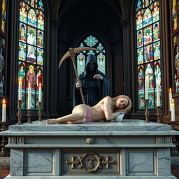A beautiful young woman with thin features and long blonde hair is peacefully sleeping on a large, wide marble altar in a grand Catholic church