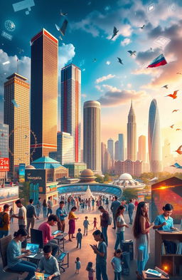 An artistic representation of Indonesia's rise as a tech and economic powerhouse, showcasing bustling cityscapes with tall skyscrapers representing innovation, vibrant startup environments, and advanced technological advancements