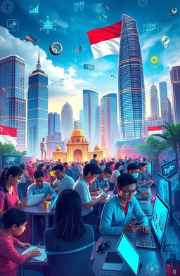 An artistic representation of Indonesia's rise as a tech and economic powerhouse, showcasing bustling cityscapes with tall skyscrapers representing innovation, vibrant startup environments, and advanced technological advancements