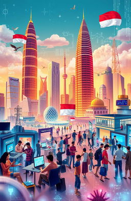 An artistic representation of Indonesia's rise as a tech and economic powerhouse, showcasing bustling cityscapes with tall skyscrapers representing innovation, vibrant startup environments, and advanced technological advancements