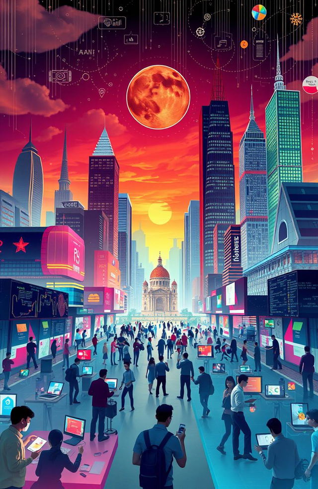 An artistic representation of Indonesia's rise as a tech and economic powerhouse, showcasing bustling cityscapes with tall skyscrapers representing innovation, vibrant startup environments, and advanced technological advancements