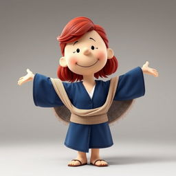 A Peanuts cartoon character dressed as Rose from Romeo and Juliet, with red, lightly curled hair styled in a loose half-up do and a few natural strands falling down