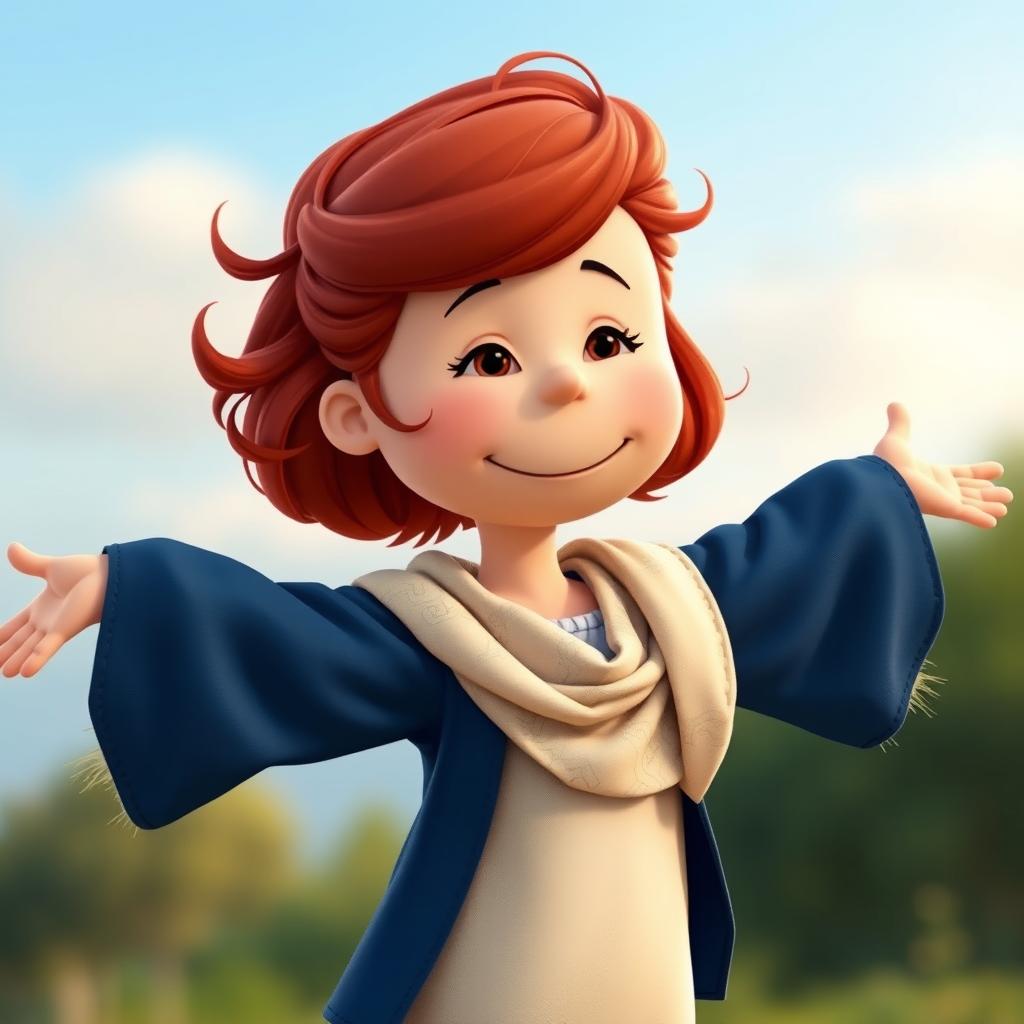 A Peanuts cartoon character dressed as Rose from Romeo and Juliet, with red, lightly curled hair styled in a loose half-up do and a few natural strands falling down