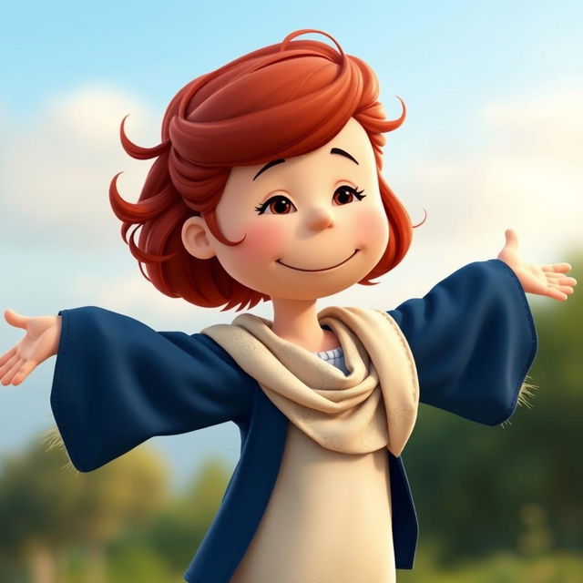 A Peanuts cartoon character dressed as Rose from Romeo and Juliet, with red, lightly curled hair styled in a loose half-up do and a few natural strands falling down