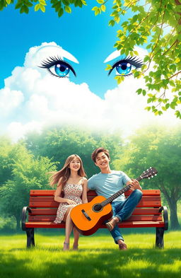 A vibrant scene featuring a bright blue sky at the top, with shining blue eyes elegantly illustrated within the clouds