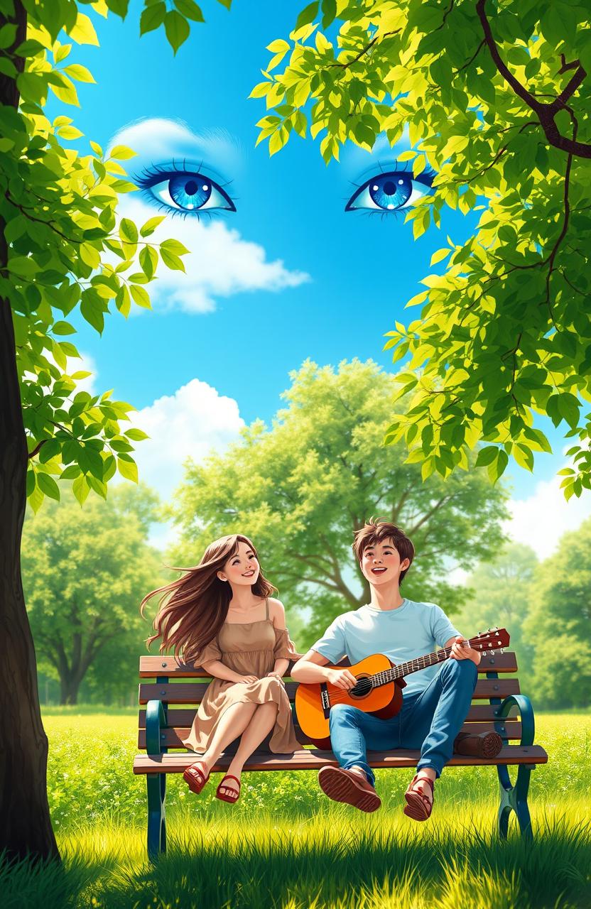 A vibrant scene featuring a bright blue sky at the top, with shining blue eyes elegantly illustrated within the clouds