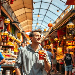 A captivating poster of Istanbul's bustling bazaar, showcasing a vibrant and colorful market scene filled with various stalls, colorful textiles, spices, and lively shoppers