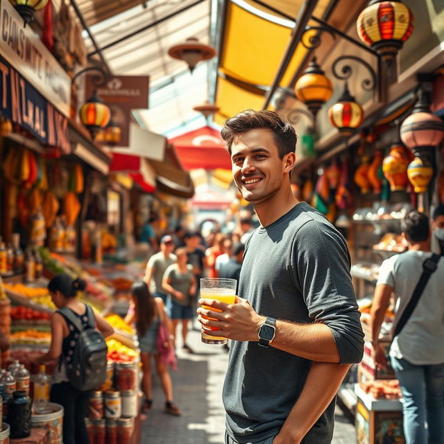 A captivating poster of Istanbul's bustling bazaar, showcasing a vibrant and colorful market scene filled with various stalls, colorful textiles, spices, and lively shoppers