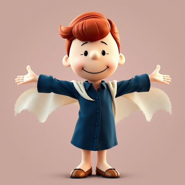 A Peanuts cartoon character dressed as Rose from Titanic, featuring red, lightly curled hair styled in a loose half-up do with a few natural strands falling down