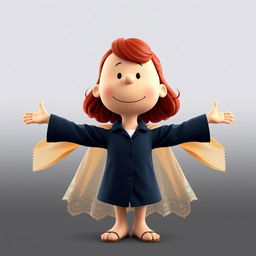 A Peanuts cartoon character dressed as Rose from Titanic, featuring red, lightly curled hair styled in a loose half-up do with a few natural strands falling down