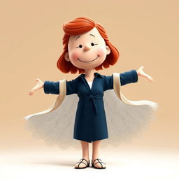 A Peanuts cartoon character dressed as Rose from Titanic, featuring red, lightly curled hair styled in a loose half-up do with a few natural strands falling down