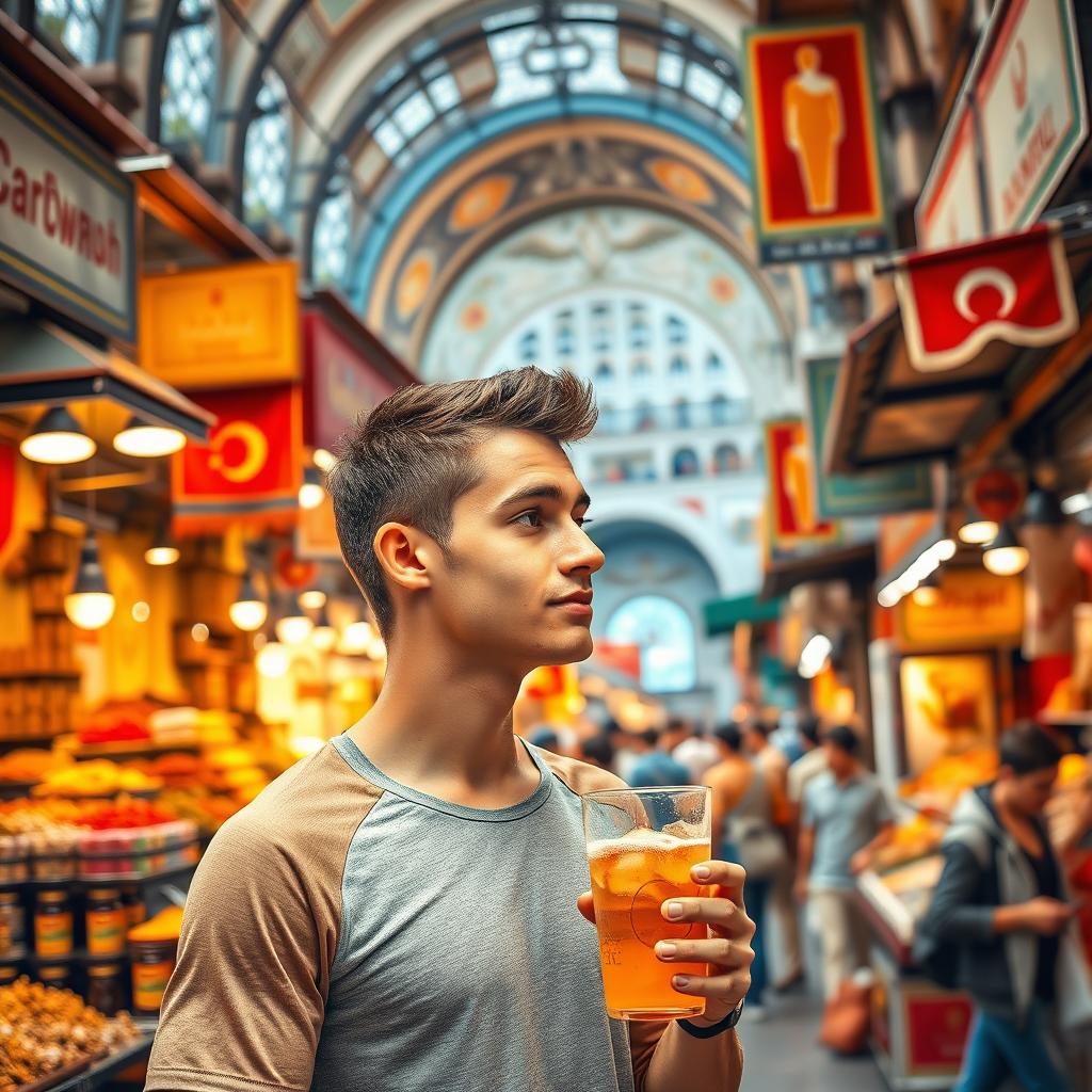 A beautiful poster showcasing Istanbul's bustling bazaar, filled with colorful stalls and a lively atmosphere