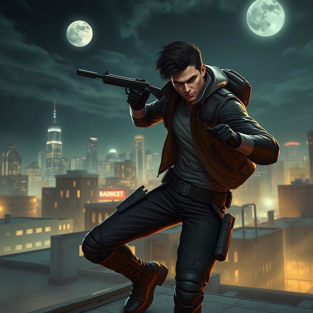 A dynamic and exciting scene depicting a character known as Basic One, dressed in sleek tactical gear, using high-tech gadgets in an urban environment