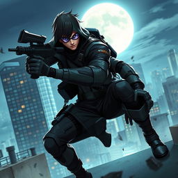 A dynamic and exciting scene depicting a character known as Basic One, dressed in sleek tactical gear, using high-tech gadgets in an urban environment