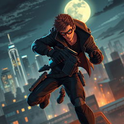 A dynamic and exciting scene depicting a character known as Basic One, dressed in sleek tactical gear, using high-tech gadgets in an urban environment