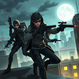 A dynamic and exciting scene depicting characters known as Basic One, dressed in sleek tactical gear, using high-tech gadgets in an urban environment