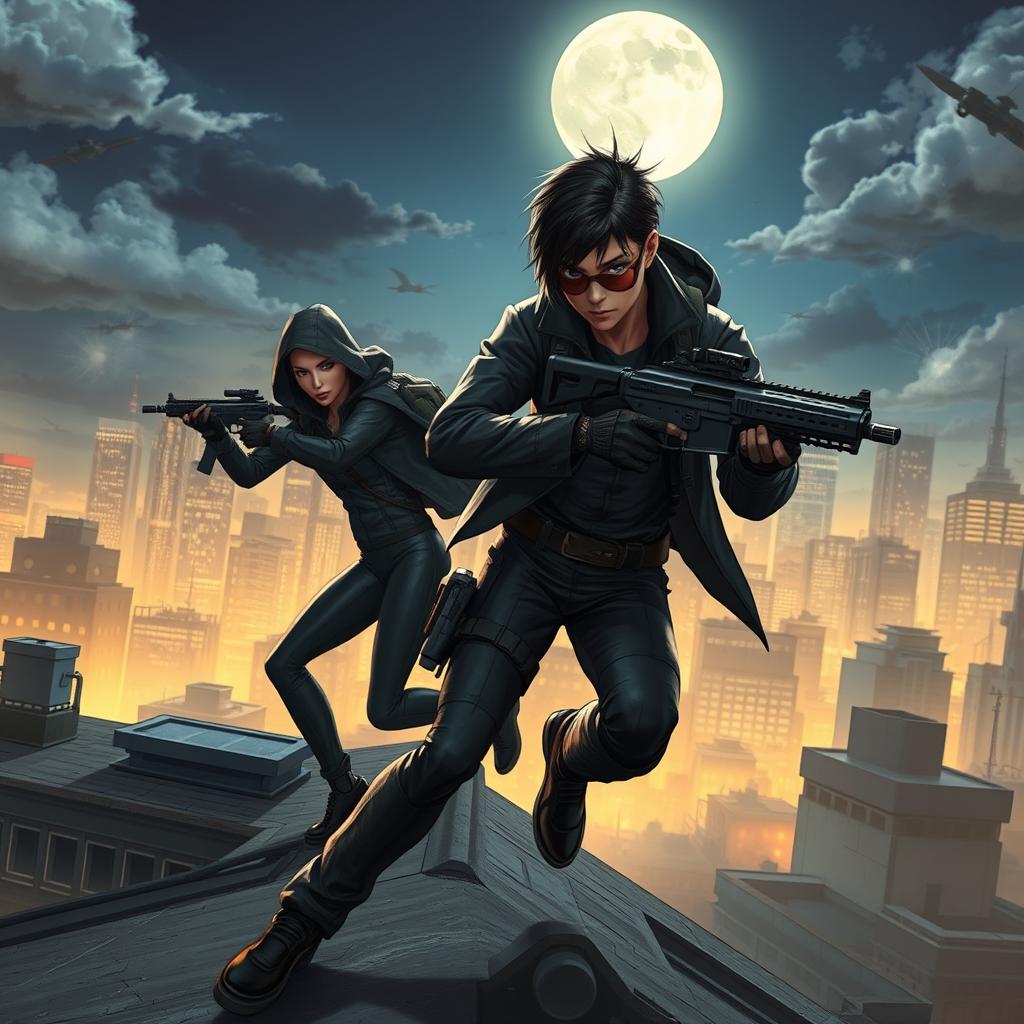 A dynamic and exciting scene depicting characters known as Basic One, dressed in sleek tactical gear, using high-tech gadgets in an urban environment