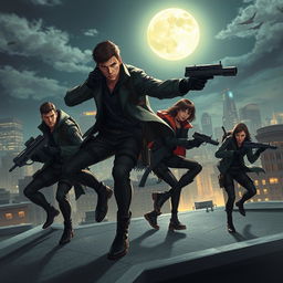 A dynamic and exciting scene depicting characters known as Basic One, dressed in sleek tactical gear, using high-tech gadgets in an urban environment