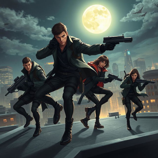 A dynamic and exciting scene depicting characters known as Basic One, dressed in sleek tactical gear, using high-tech gadgets in an urban environment