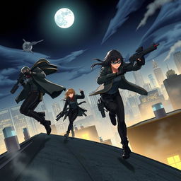 A dynamic and exciting scene depicting characters known as Basic One, dressed in sleek tactical gear, using high-tech gadgets in an urban environment