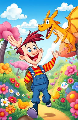 A whimsical illustration of Wacky, a colorful, cartoonish character, embarking on exciting adventures in a vibrant fantasy world