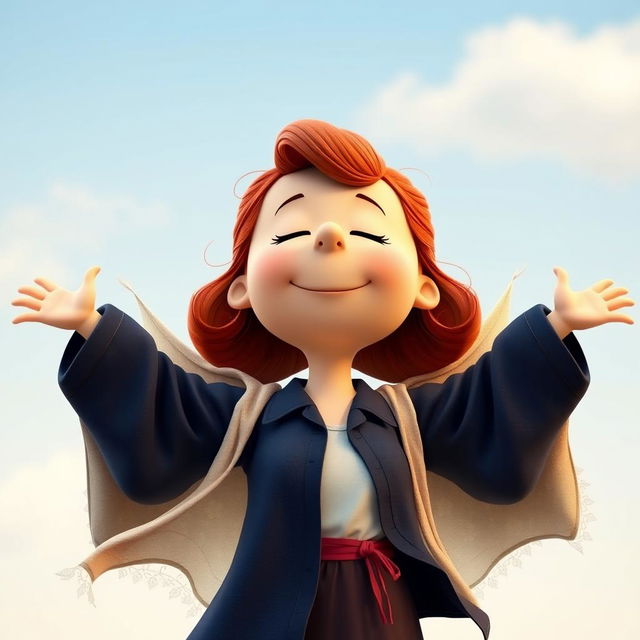 A Peanuts cartoon character dressed as Rose from Titanic, featuring red, lightly curled hair styled in a loose half-up do with a few natural strands falling down