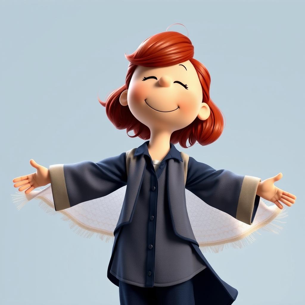 A Peanuts cartoon character dressed as Rose from Titanic, featuring red, lightly curled hair styled in a loose half-up do with a few natural strands falling down