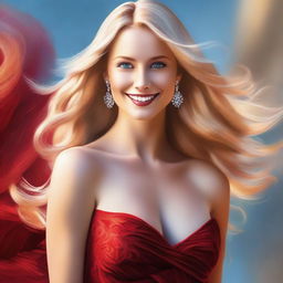 This high-quality digital art piece features a beautiful blonde woman in a stunning hot dress