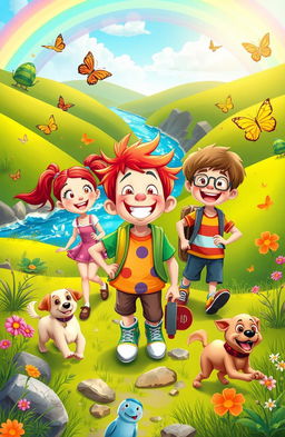 An adventurous scene featuring a cheerful kid named Wacky with bright, colorful clothing, surrounded by a diverse group of friends