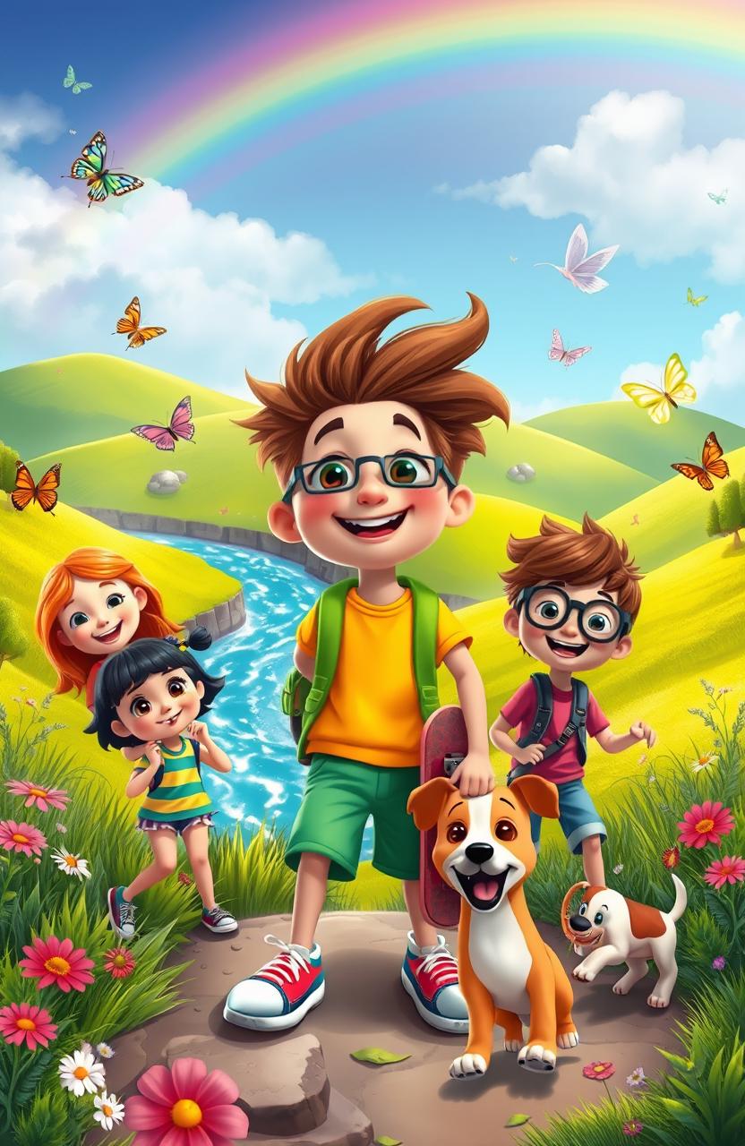 An adventurous scene featuring a cheerful kid named Wacky with bright, colorful clothing, surrounded by a diverse group of friends