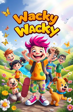 An adventurous scene featuring a cheerful kid named Wacky with bright, colorful clothing, surrounded by a diverse group of friends