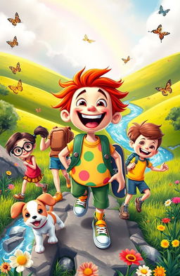 An adventurous scene featuring a cheerful kid named Wacky with bright, colorful clothing, surrounded by a diverse group of friends