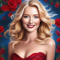 This high-quality digital art piece features a beautiful blonde woman in a stunning hot dress