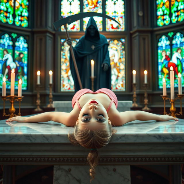 A beautiful, young blonde girl with an innocent expression lies flat on her back spread eagle across a large, wide marble altar in a Catholic church