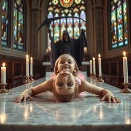 A beautiful, young blonde girl with an innocent expression lies flat on her back spread eagle across a large, wide marble altar in a Catholic church