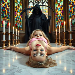 A beautiful, young blonde girl with an innocent expression lies flat on her back spread eagle across a large, wide marble altar in a Catholic church