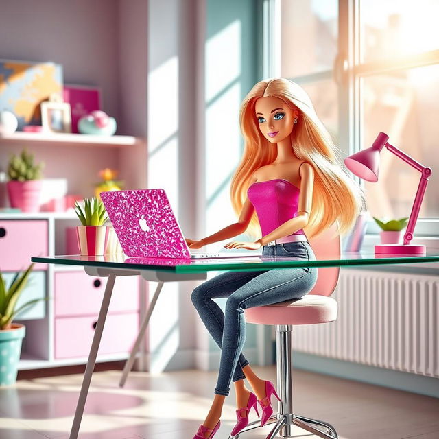 A stylish Barbie doll sitting at a chic modern desk, working on a sparkling pink laptop