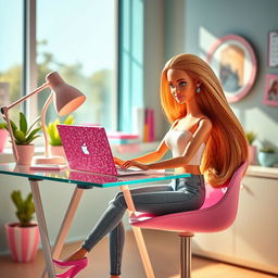 A stylish Barbie doll sitting at a chic modern desk, working on a sparkling pink laptop