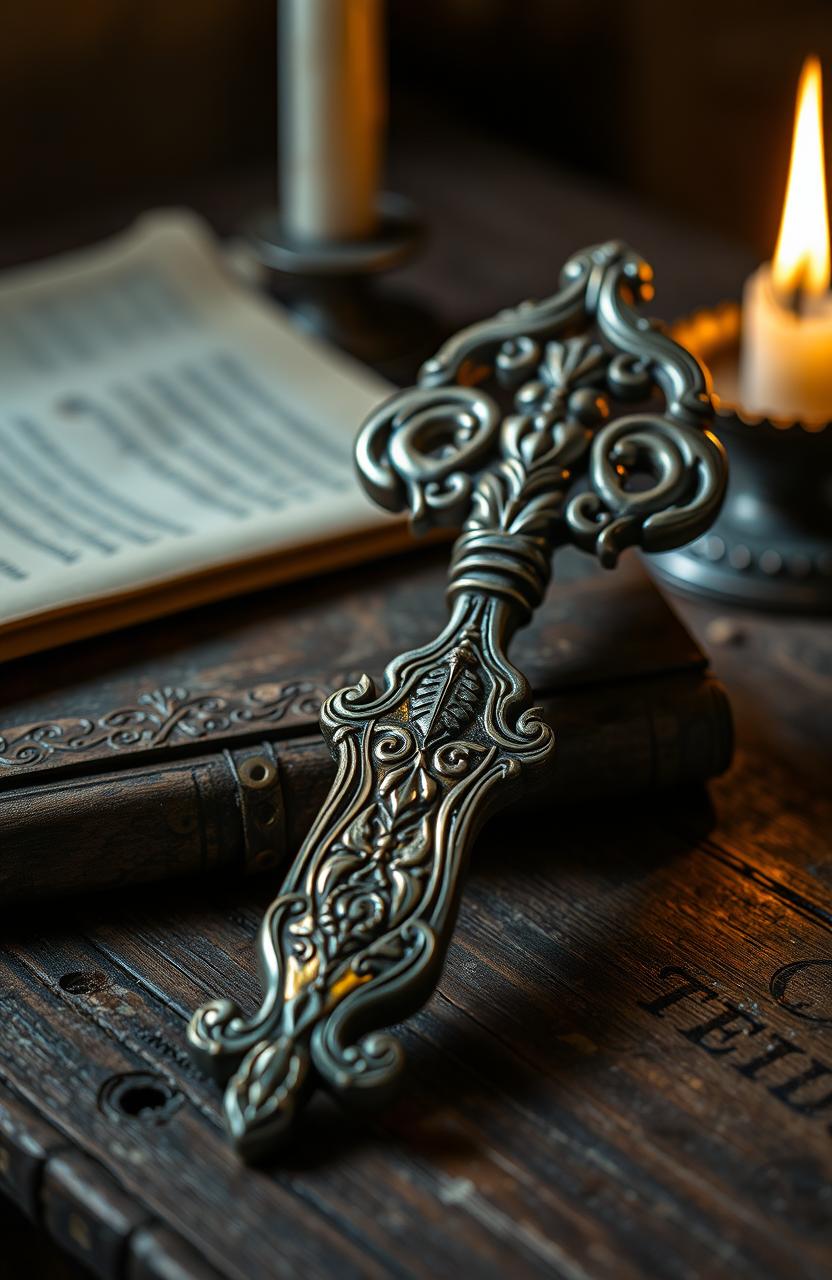 A beautifully crafted ancient key, detailed with intricate engravings and a distinctive, ornate handle
