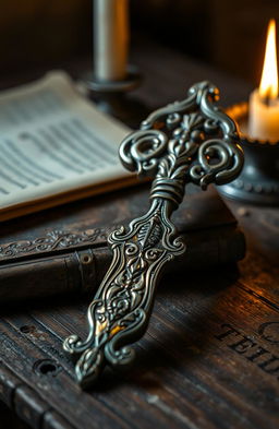 A beautifully crafted ancient key, detailed with intricate engravings and a distinctive, ornate handle