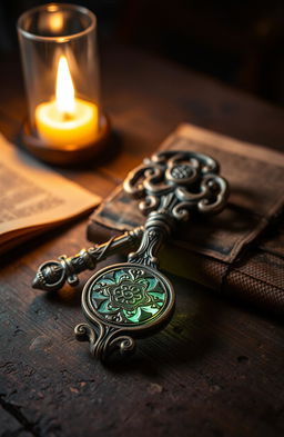 A beautifully crafted ancient key, detailed with intricate engravings and a distinctive, ornate handle
