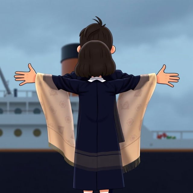 A Peanuts cartoon character transformed into Jack, embracing another Peanuts character as Rose in a reenactment of the iconic Titanic scene, where Jack holds Rose from behind