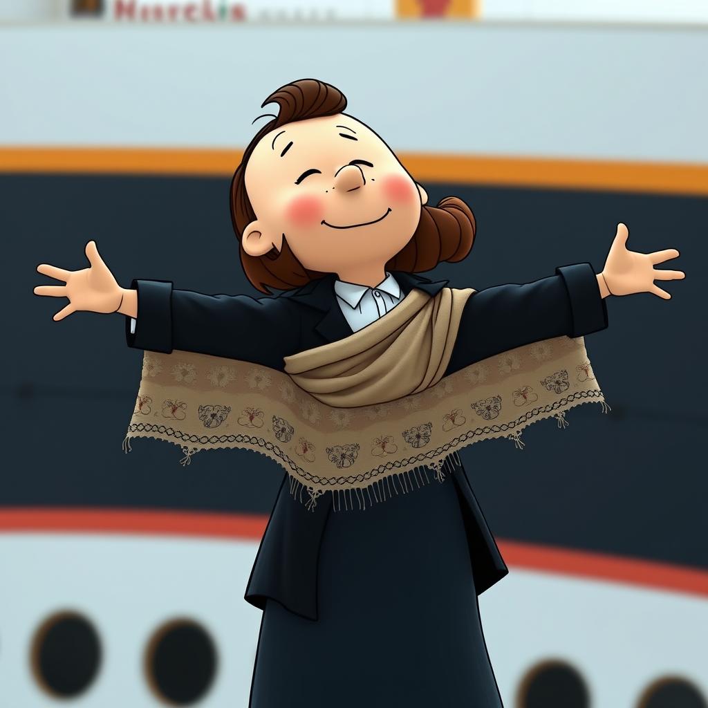 A Peanuts cartoon character transformed into Jack, embracing another Peanuts character as Rose in a reenactment of the iconic Titanic scene, where Jack holds Rose from behind