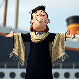 A Peanuts cartoon character transformed into Jack, embracing another Peanuts character as Rose in a reenactment of the iconic Titanic scene, where Jack holds Rose from behind