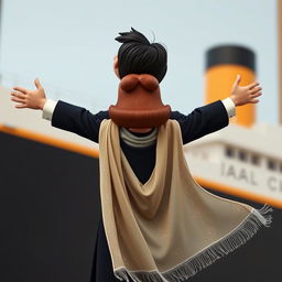 A Peanuts cartoon character transformed into Jack, embracing another Peanuts character as Rose in a reenactment of the iconic Titanic scene, where Jack holds Rose from behind