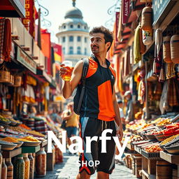 A vibrant and colorful poster showcasing Istanbul's bustling bazaar filled with a variety of goods and people, prominently featuring a full-body image of a young athletic man