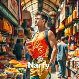 A vibrant and colorful poster showcasing Istanbul's bustling bazaar filled with a variety of goods and people, prominently featuring a full-body image of a young athletic man