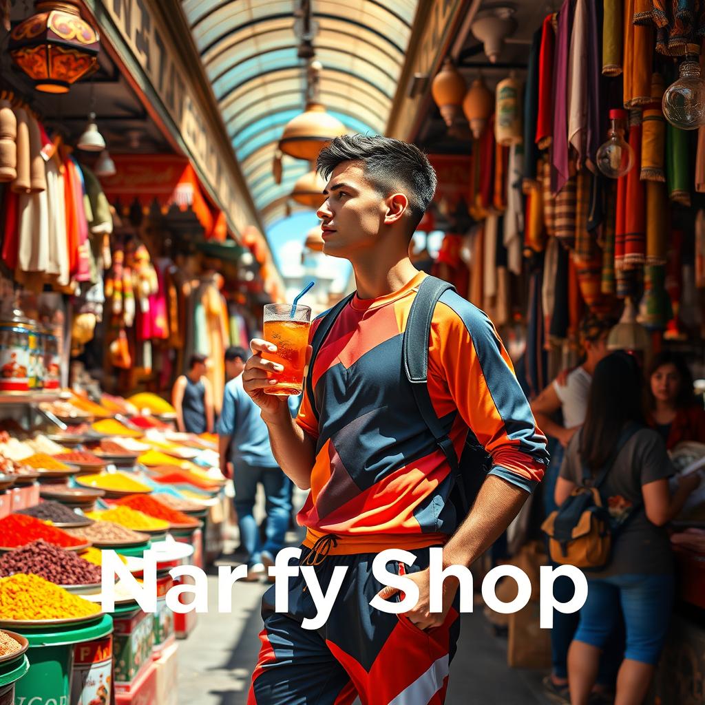 A vibrant and colorful poster showcasing Istanbul's bustling bazaar filled with a variety of goods and people, prominently featuring a full-body image of a young athletic man