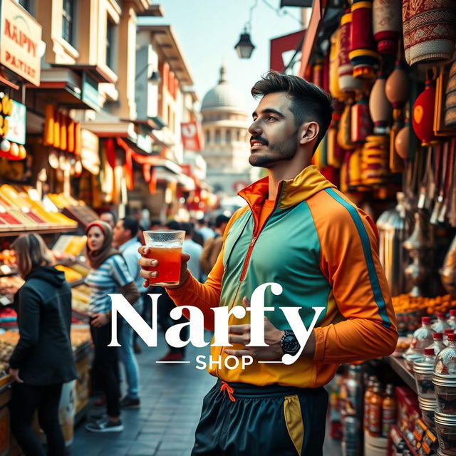 A vibrant and colorful poster showcasing Istanbul's bustling bazaar filled with a variety of goods and people, prominently featuring a full-body image of a young athletic man