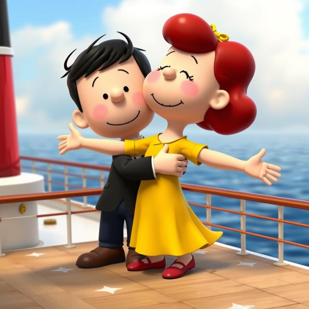 Two Peanuts cartoon characters transformed into Jack and Rose reenacting the iconic scene on the Titanic, with Jack embracing Rose from behind